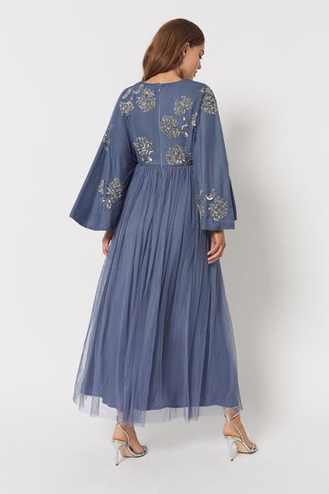 Maya Blue Modest Cape Sleeve Embellished Maxi Dress