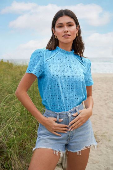 Lipsy Blue Broderie Front T-Shirt