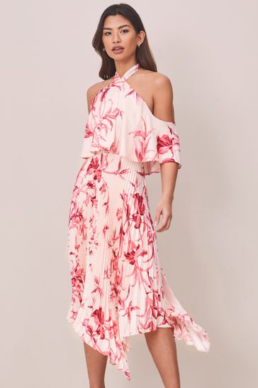 Lipsy Pink Pleated Printed Cold Shoulder Hanky Hem Midi Dress