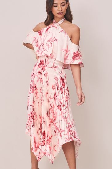 Lipsy printed pleated cold shoulder midi dress outlet