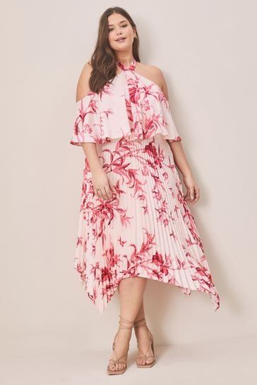 Buy Lipsy Pink Curve Petite Pleated Printed Cold Shoulder Hanky