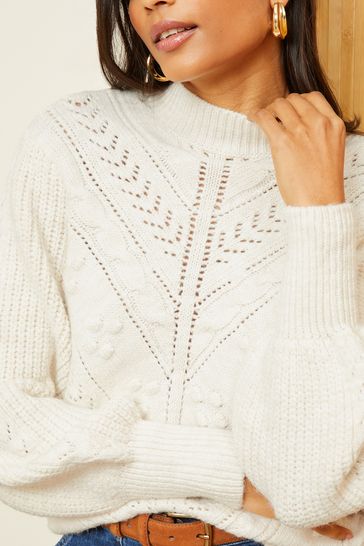 Buy Love Roses Ivory White Pom Pom Sleeve Crew Neck Knit Jumper