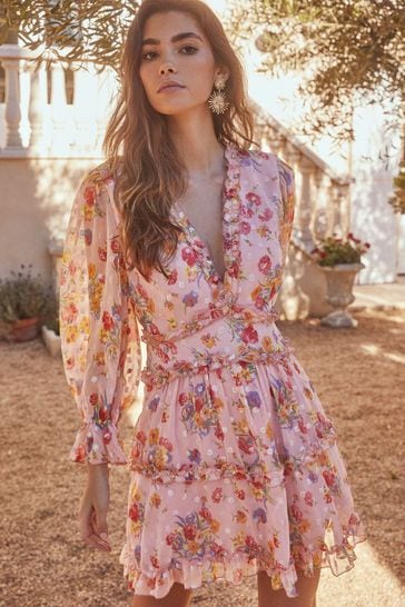 Buy Lipsy Pink Metallic Frill Detail Tea Dress from Next Luxembourg
