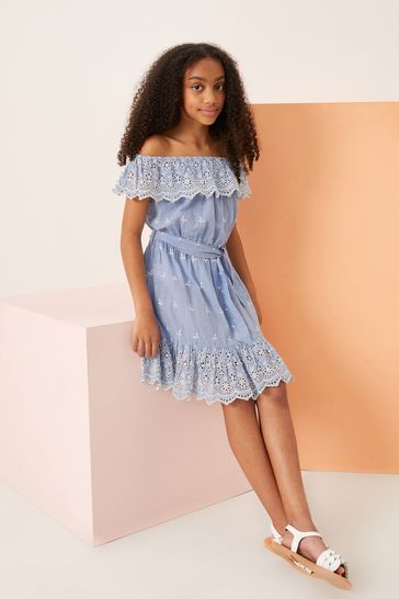 Lipsy Blue Bardot Embroidered Dress