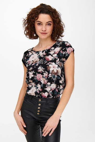 Only Black Floral Printed Woven T-Shirt