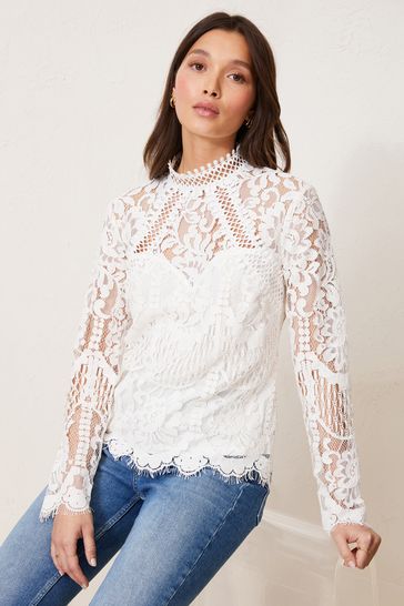 High neck lace blouse deals white