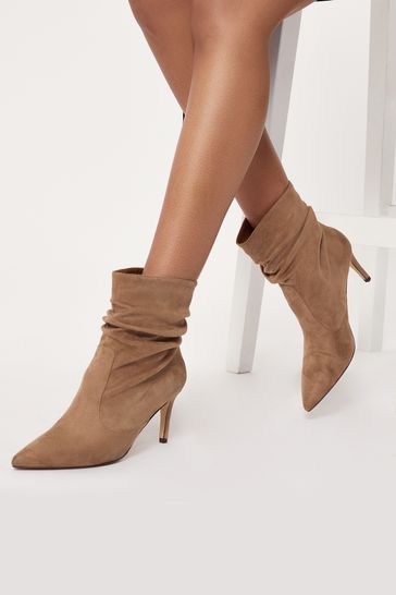 Lipsy Camel Wide FIt Suedette Heeled Ruched Ankle Boot