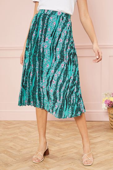 Love & Roses Green Floral Pleated Midi Skirt