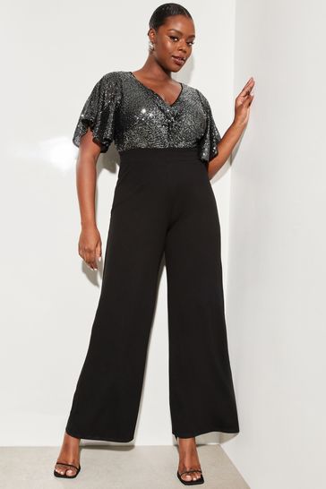 Lipsy Black Curve Sequin Flutter Sleeve Wide Leg Jumpsuit