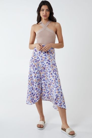 Blue Vanilla White & Purple Floral Asymmetric Hem Midi Skirt