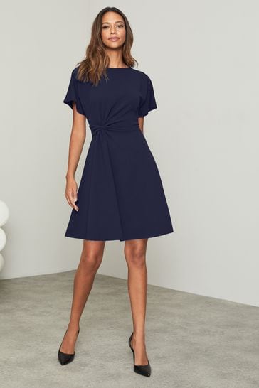 Lipsy Navy Blue Petite Twist Side Short Sleeve Mini Skater Dress