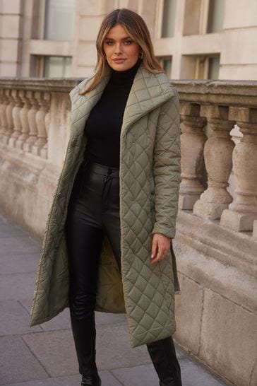 Lipsy Khaki Green Petite Quilted Belted Wrap Padded Coat