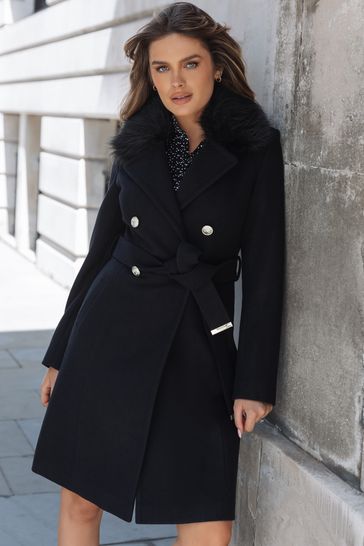 Lipsy Black Military Button Faux Fur Belted Coat