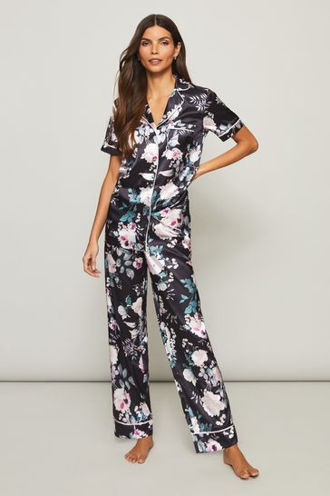 Lipsy Black Floral Regular Satin Short Sleeve and Trouser Pyjama Set