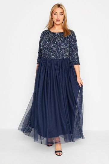 Yours Curve Blue 3/4 Sleeve Sequin Maxi Dress