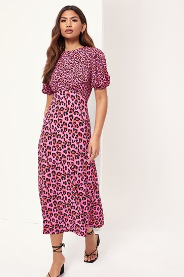 Lipsy Pink Leopard Regular Short Sleeve Underbust Midi Dress