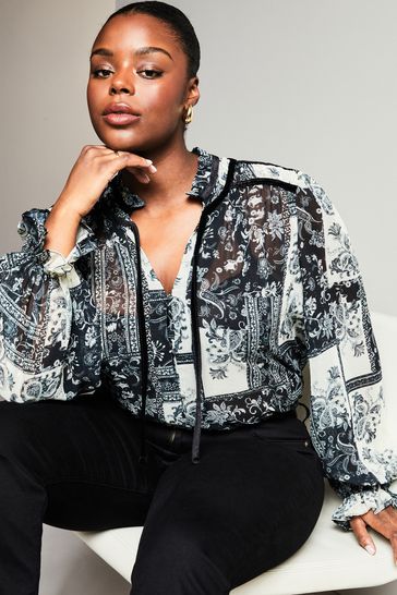 Buy Lipsy Black Paisley Curve Sheer Tie Neck Long Sleeve Blouse