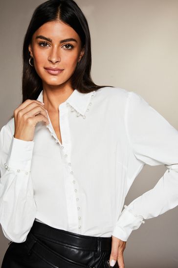 Lipsy White Pearl Trim Collared Button Through Shirt