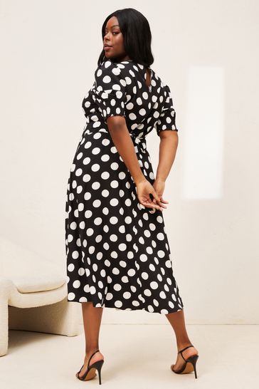 Lipsy Mono Spot Curve Puff Sleeve Tie Waist Summer Midi Dress
