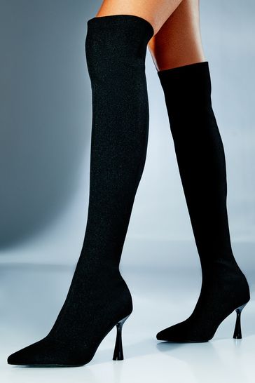 Lipsy Black Wide Fit Mid Heel Over The Knee Knitted Sock Boot