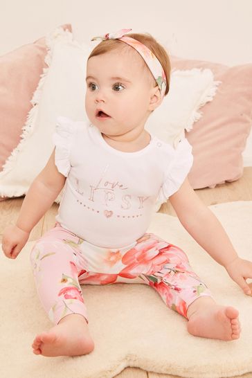 Lipsy Pink 3 Piece Baby Bodysuit, Legging and Headband Set