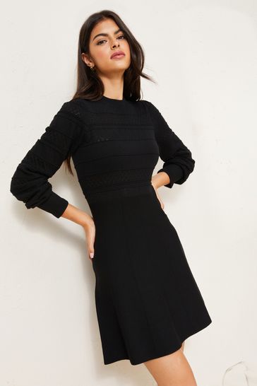 Lipsy Black Petite Knitted Pointelle Stitch Fit and Flare Dress