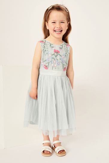 Maya Blue Embroided Dress With Satin Bow