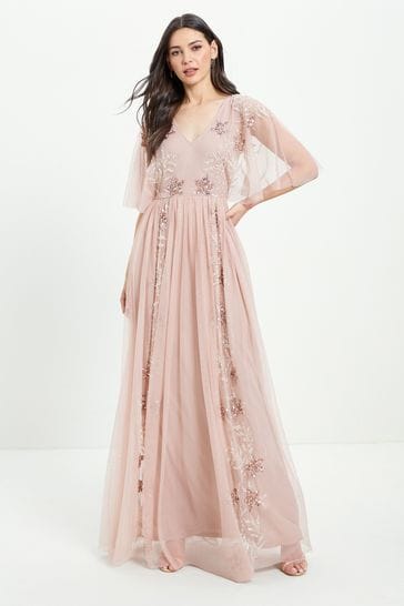 Maya Pink Floral Embellished Cape Sleeve Maxi Dress