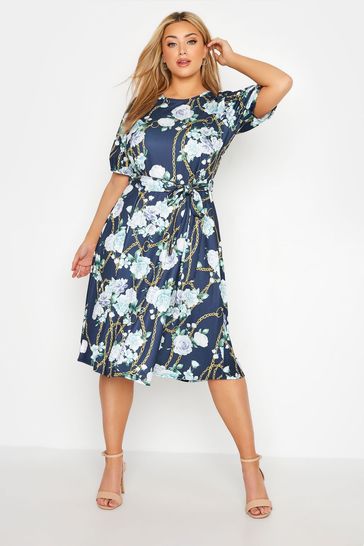 Yours Curve Blue Puff Sleeve Chain Floral Skater Dress