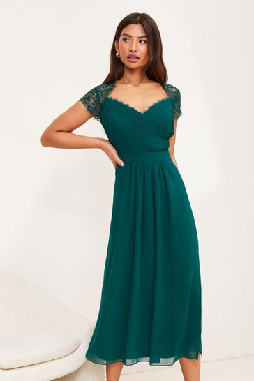 Lipsy Green Bridesmaid Lace Sleeve Midi Dress
