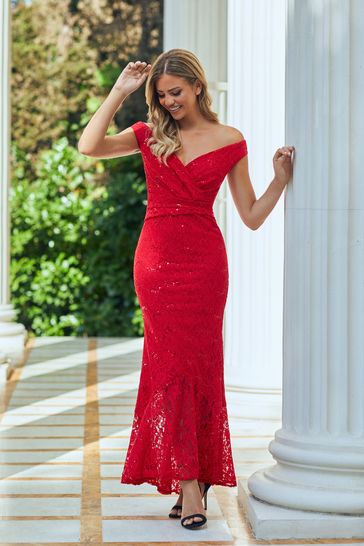 Sistaglam Red All Over Lace Maxi Bardot Dress