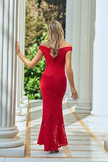Sistaglam All Over Lace Maxi Bardot Dress