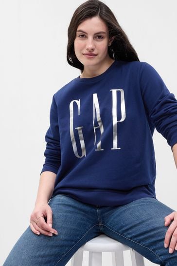 Gap Blue Metallic Logo Long Sleeve Crewneck Sweatshirt