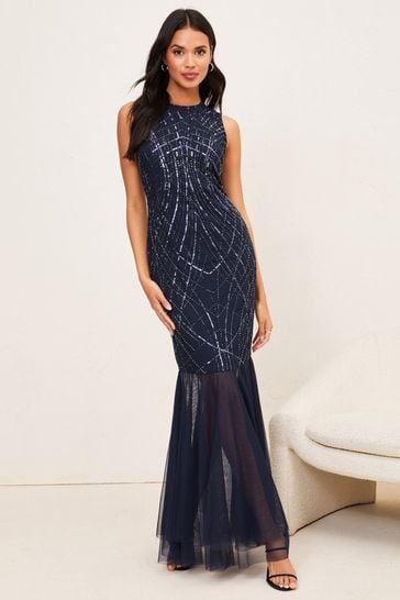Lipsy Navy Regular Embellished Fishtail Maxi Dress