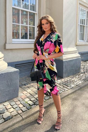 Buy Girl In Mind Multi Petite Chelsea Short Sleeve Wrap Midi Dress