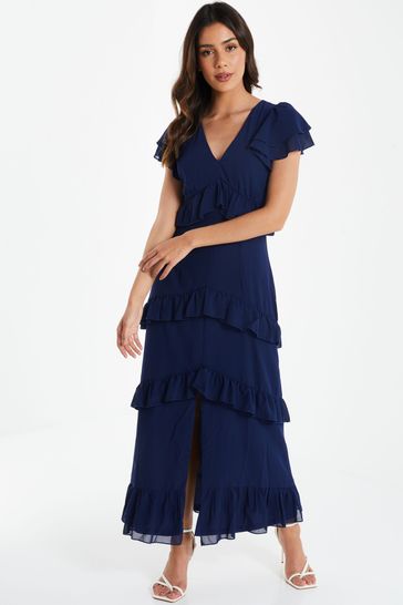 Buy Quiz Navy Blue Frill Layered Midaxi Dress from Next Luxembourg