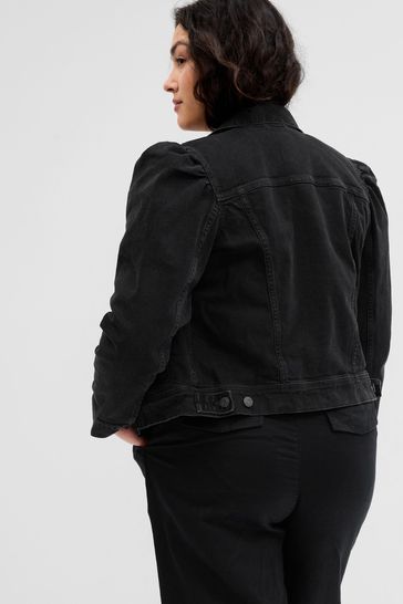 Black puff online shoulder denim jacket