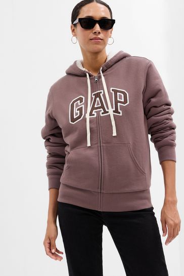 Gap Brown Logo Sherpa-Lined Zip Up Hoodie