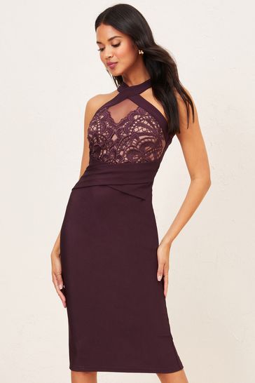Lipsy Purple Artwork Halter Bodycon Midi Dress