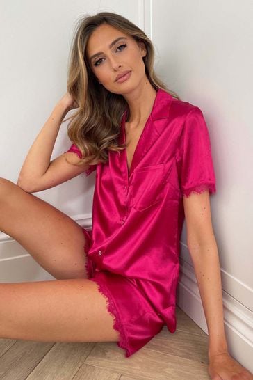Lipsy Red Lace Petite Satin Shirts and Shorts Pyjama Set