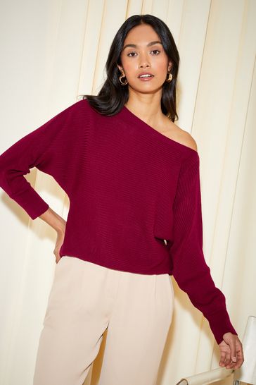 Friends Like These Berry Red Batwing Knitted Off The Shoulder Jumper