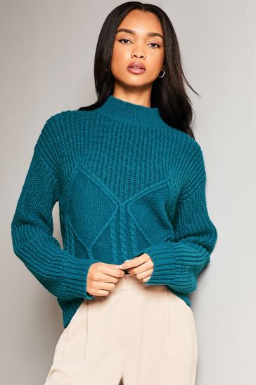 Lipsy Green Cosy High Neck Rib Cable Knitted Jumper