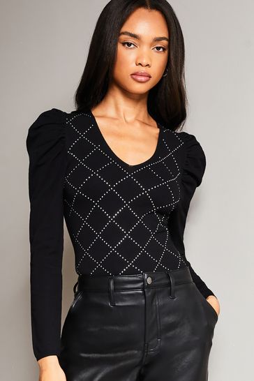 Buy Lipsy Black Argyl Diamante Long Puff Sleeve Knitted Jumper from Next Denmark