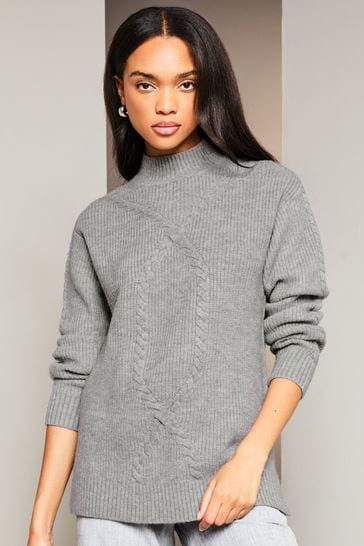 Lipsy Grey Contour High Neck Cable Knitted Jumper