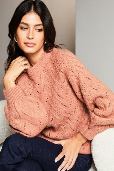 Lipsy Pink Pointelle Long Puff Sleeve Cosy Knitted Jumper