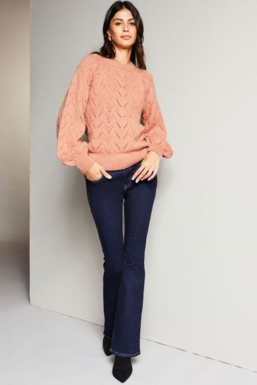 Lipsy Pink Pointelle Long Puff Sleeve Cosy Knitted Jumper