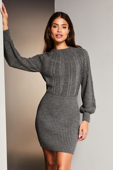 Lipsy Grey Petite Blouson Sleeve Cable Knitted Crew Neck Jumper Dress