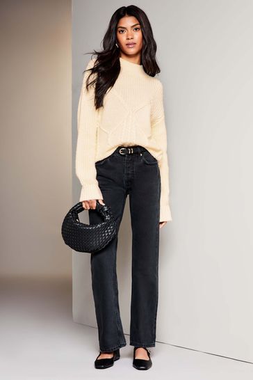 Buy Lipsy Ivory White Petite Cosy High Neck Rib Cable Knitted