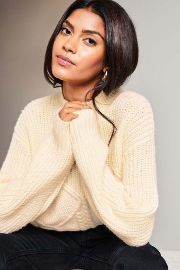 Buy Lipsy Ivory White Petite Cosy High Neck Rib Cable Knitted