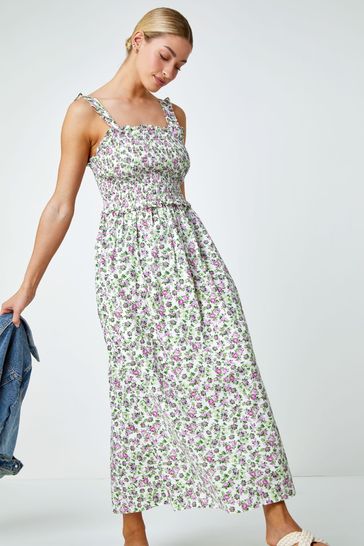 Buy Dusk White Multi Floral Print Shirred Stretch Maxi Dress from